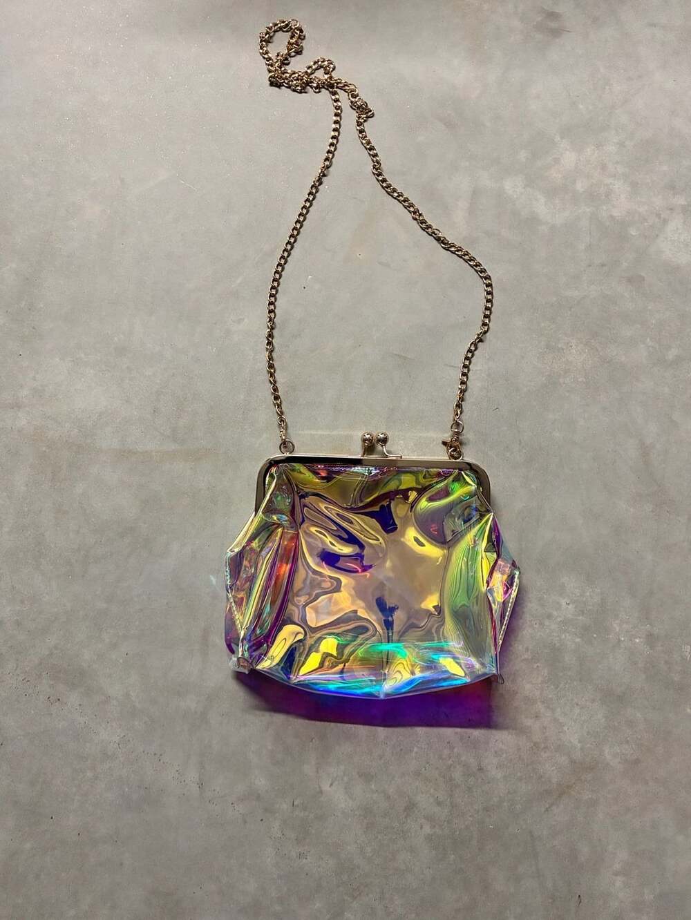Clear Iridescent Holographic Kiss-Lock Clutch Crossbody Bag with Gold Chain